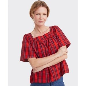 Draper James Red and Blue Puff Sleeve Blouse with Tie Front